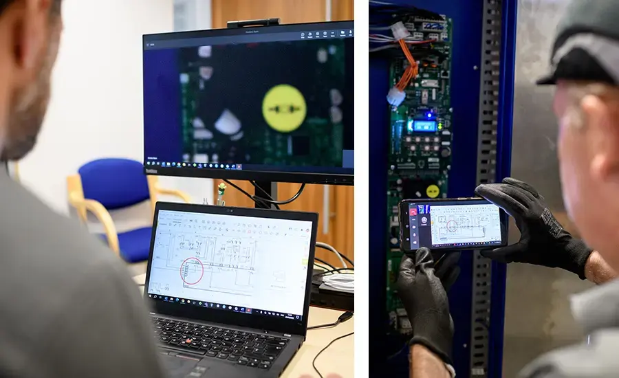 
Ingeniero ITS apoyando a un técnico mediante videollamada
